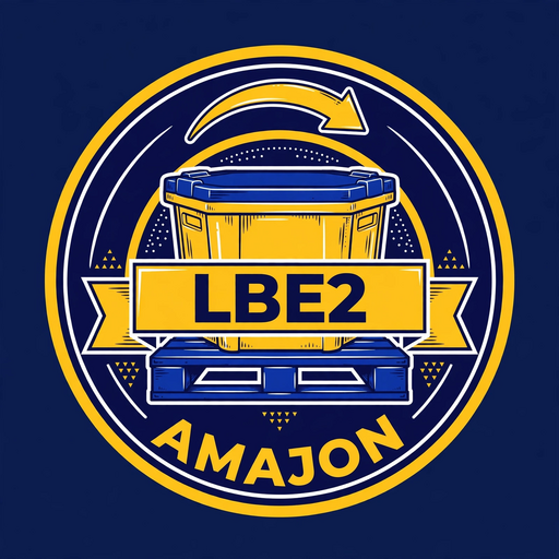 LBE2 emblem: a frown arrow over a yellow tote on a blue pallet